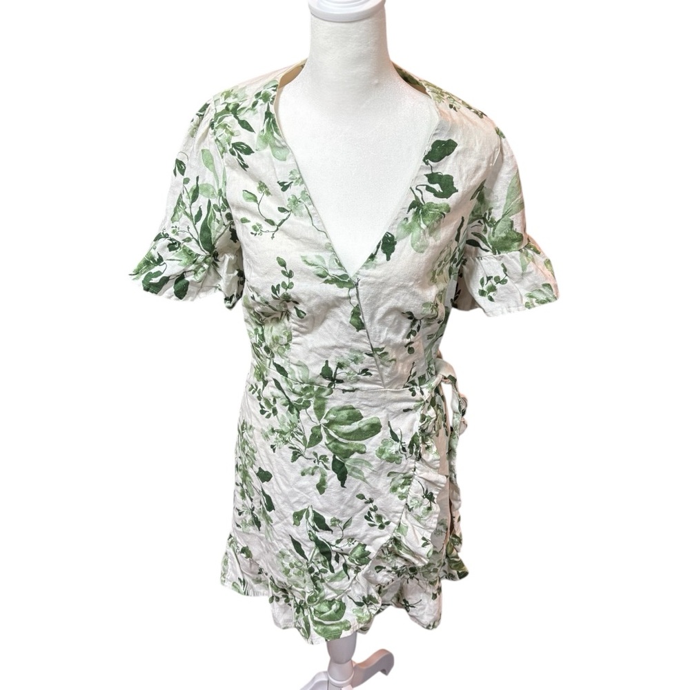 Abercrombie & Fitch Green‎ Floral Linen Blend Ruffle Wrap Mini Dress #307